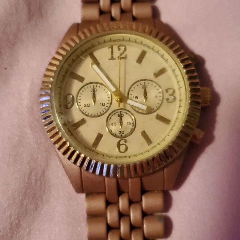 NEW Rose Gold Tone Chronograph Style Ladies Watch Gold Face Wristwatch Timepiece
